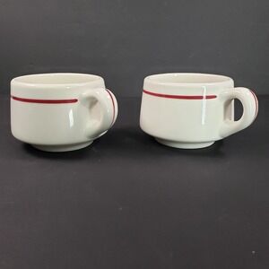 Syracuse China Restaurant Ware Coffee Mugs Red Stripe Cream White Set of 2 USA